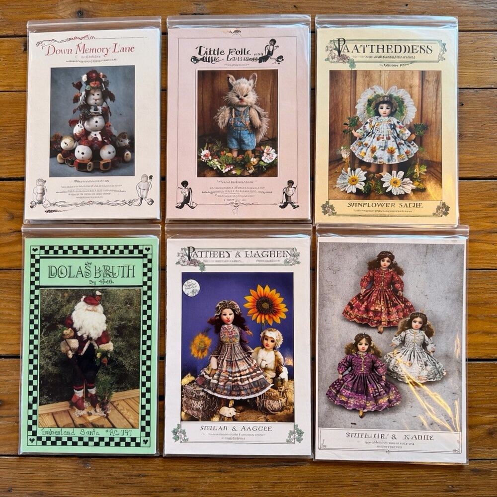 Vintage Primitive Doll Sewing Pattern Lot Country Folk Rag Doll Sunflower Santa